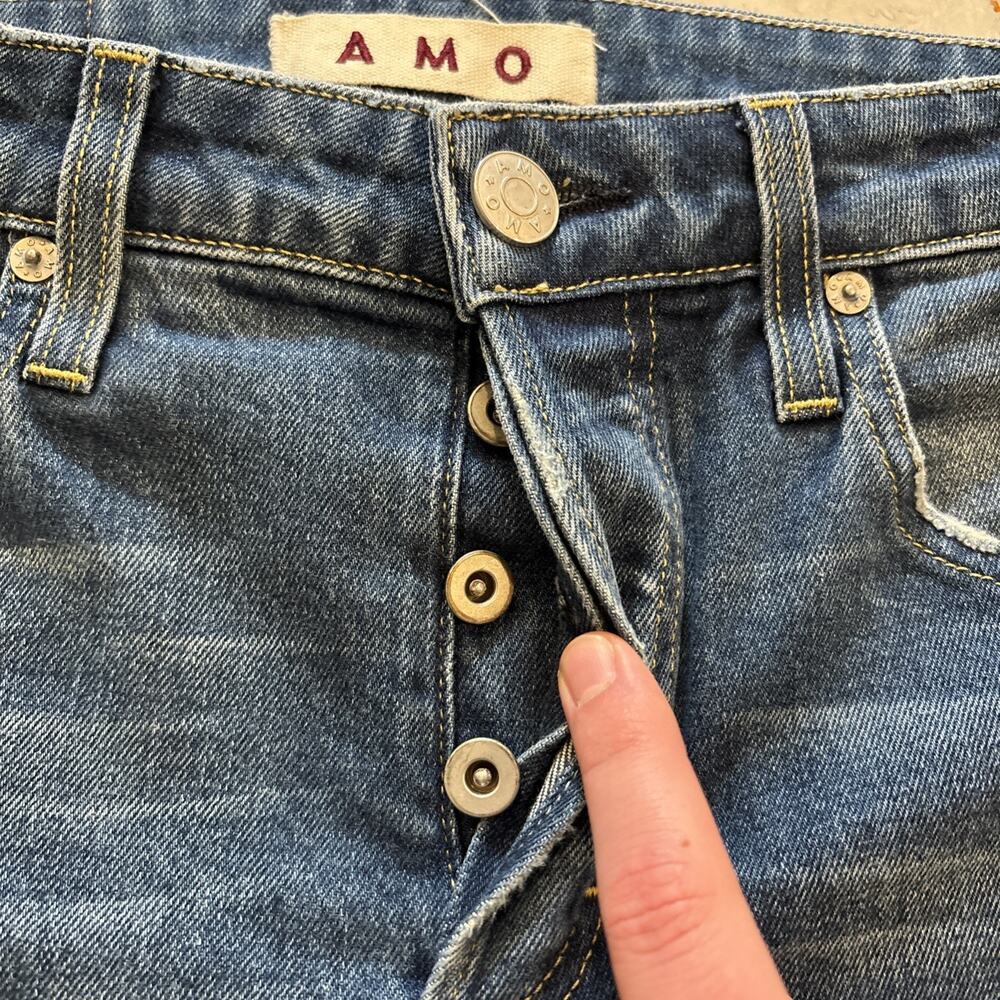 Amo Babe Dive Bar Destroy Blue Jeans 28/27 Slim Straight Ankle Raw Hem - Picture 5 of 11